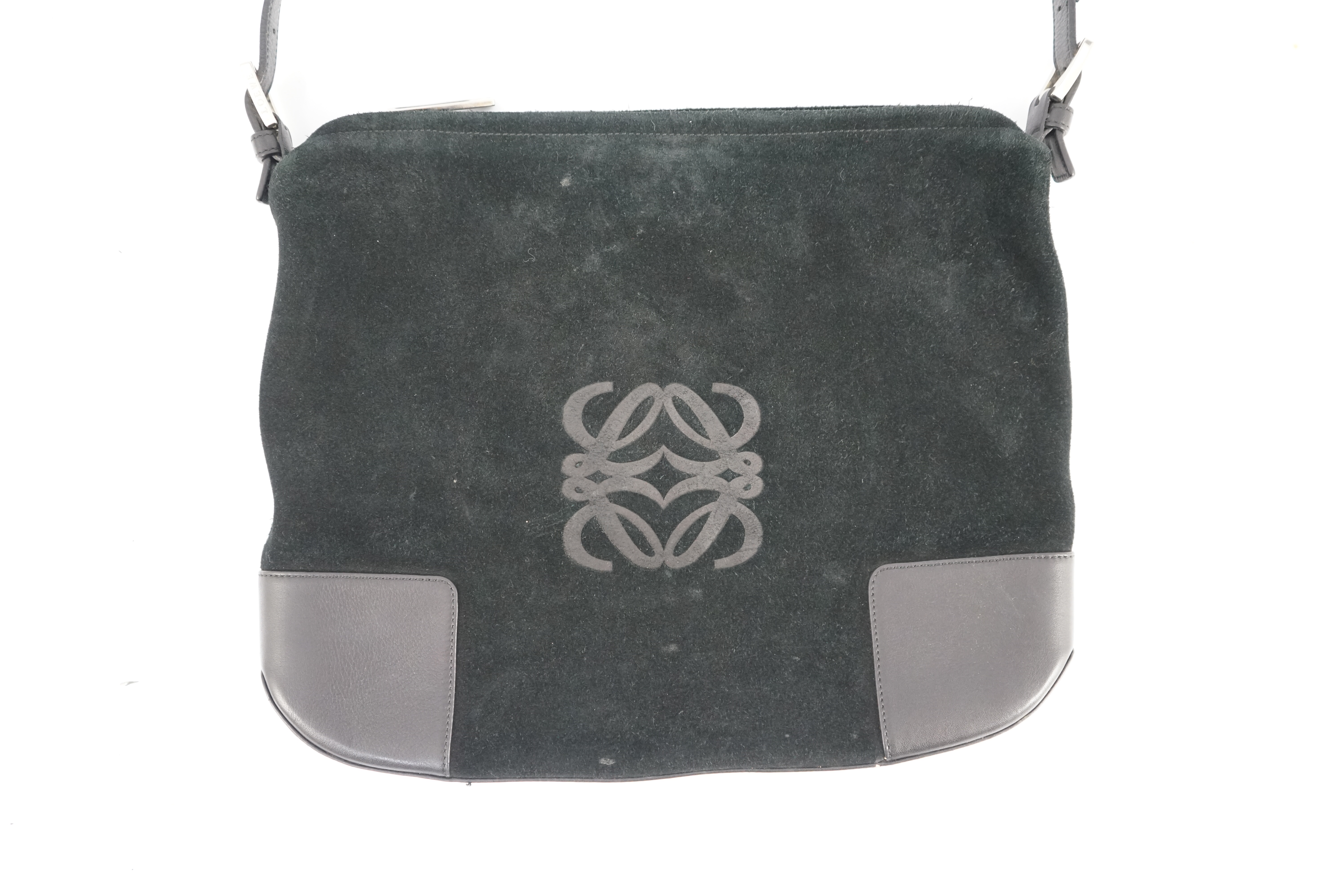 A Loewe black suede and leather shoulder bag and purse, bag width 34cm, depth 3cm, height 28cm, purse width 16.5cm, height 12cm